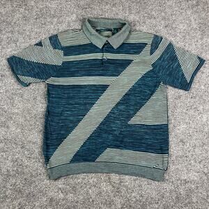 Perry Ellis Polo Shirt Mens Size XL Blue Stripe Cotton Blend Short Sleeve Casual